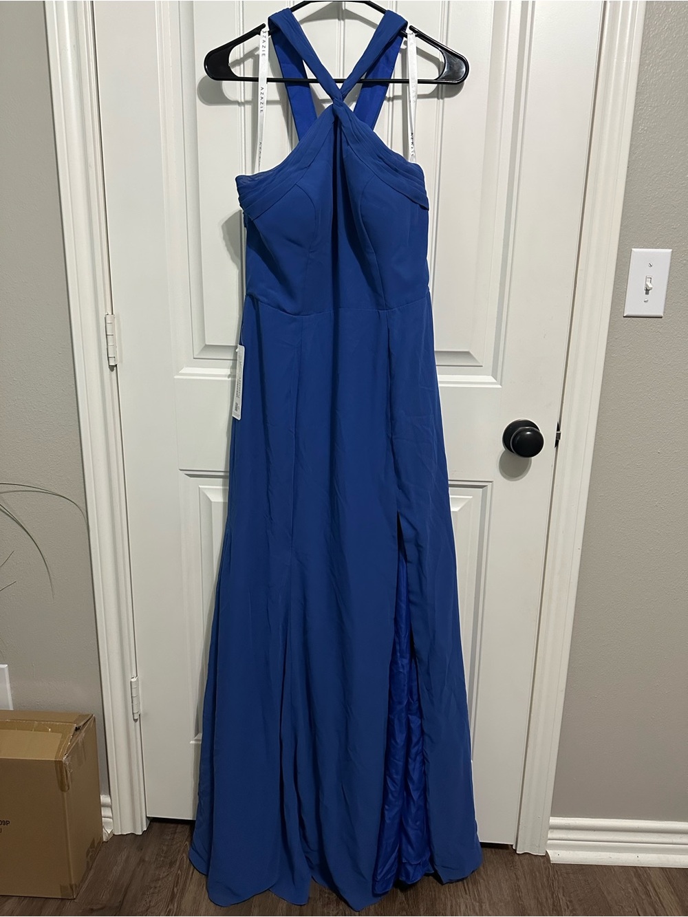 Azazie Cobalt Blue Crossback Prom Gown